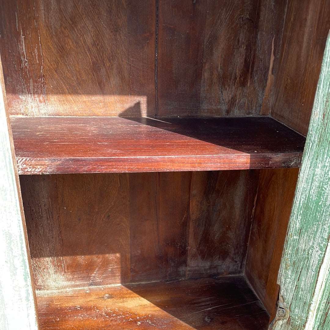 Pair of Indian bedside cupboard tables cabinets, Green and White distressed finish.