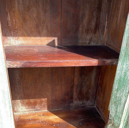 Pair of Indian bedside cupboard tables cabinets, Green and White distressed finish.