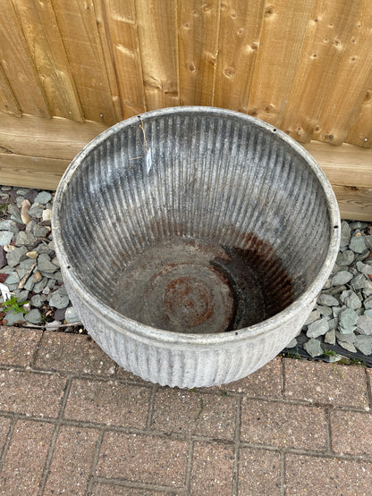 English Original Vintage Dolly Tub No 3 Pattern Galvanised Ribbed Planter.