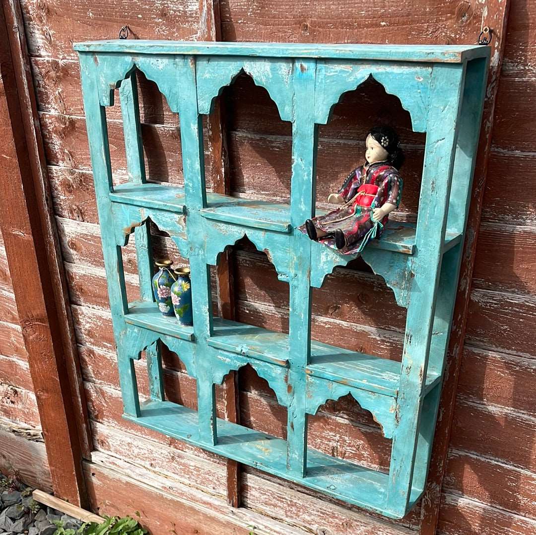 Indian arched temple shelf 9 compartments distressed blue finish.