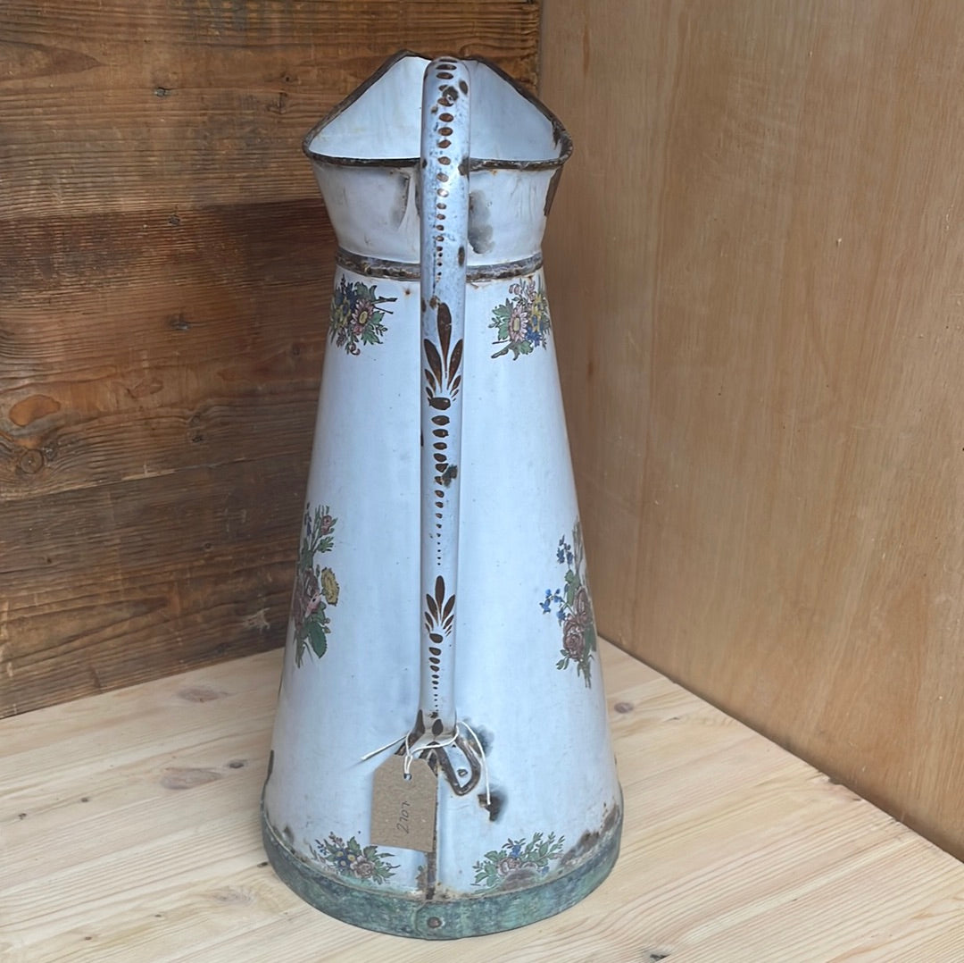 French large enamelled pitcher jug with floral décor