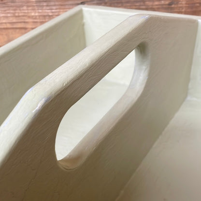 Handcrafted wooden painted tote tool tray, sage green, 40cm.