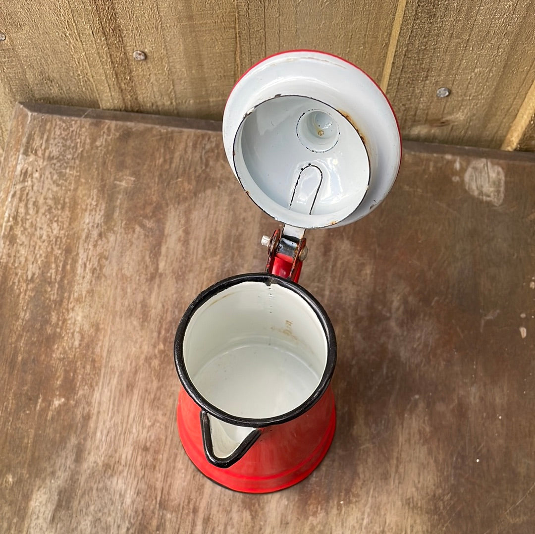 Mini enamel coffee pot with lid Red and white.