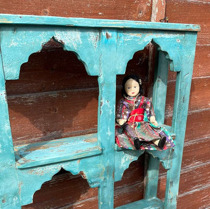 Indian arched temple shelf 9 compartments distressed blue finish.