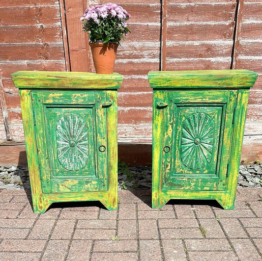 Pair of Indian bedside cupboard tables cabinets, Green distressed finish.