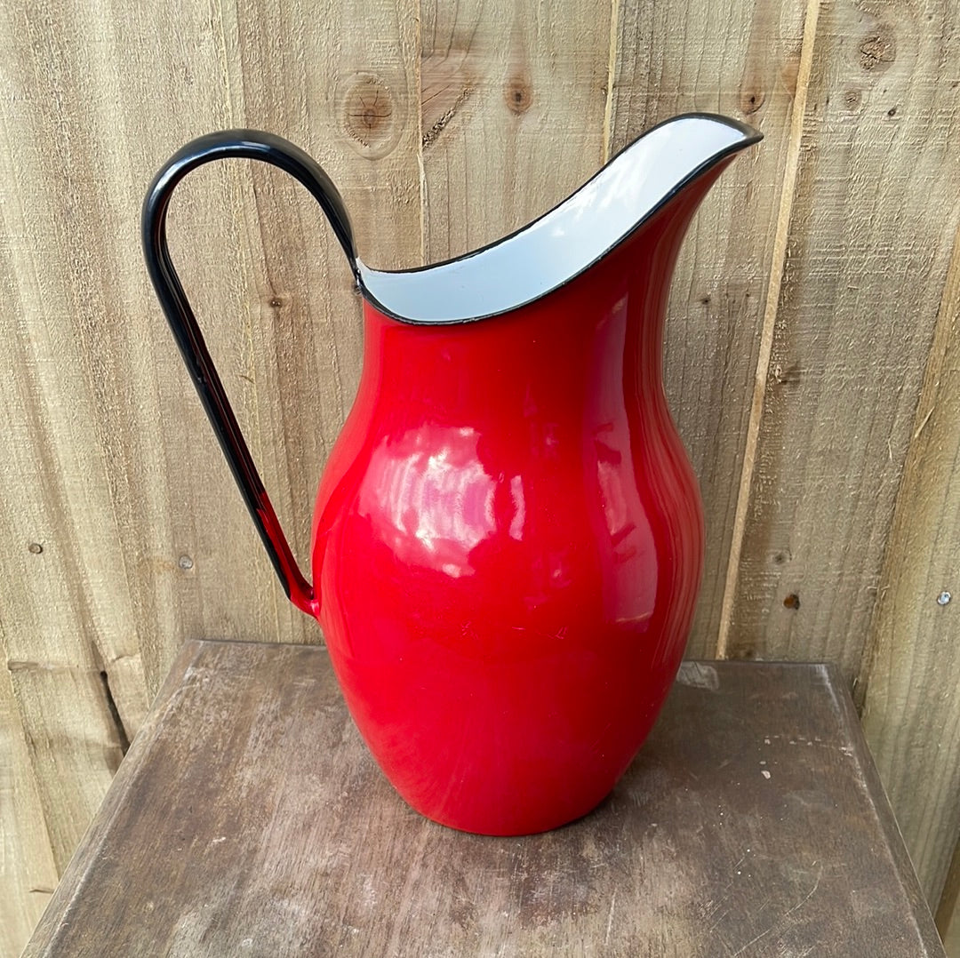 Enamelled pitcher jug Red and White.