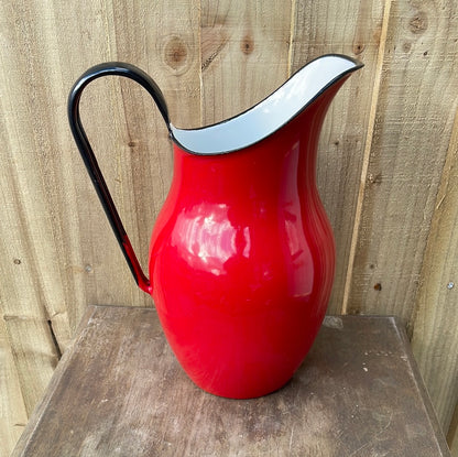 Enamelled pitcher jug Red and White.