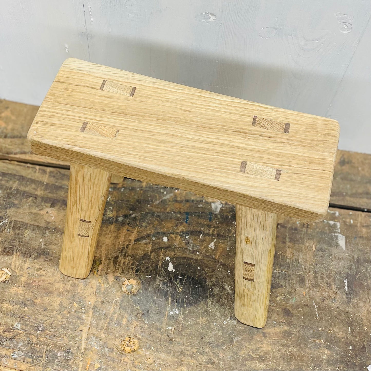 Mini handcrafted 4 legged oak wood stool.