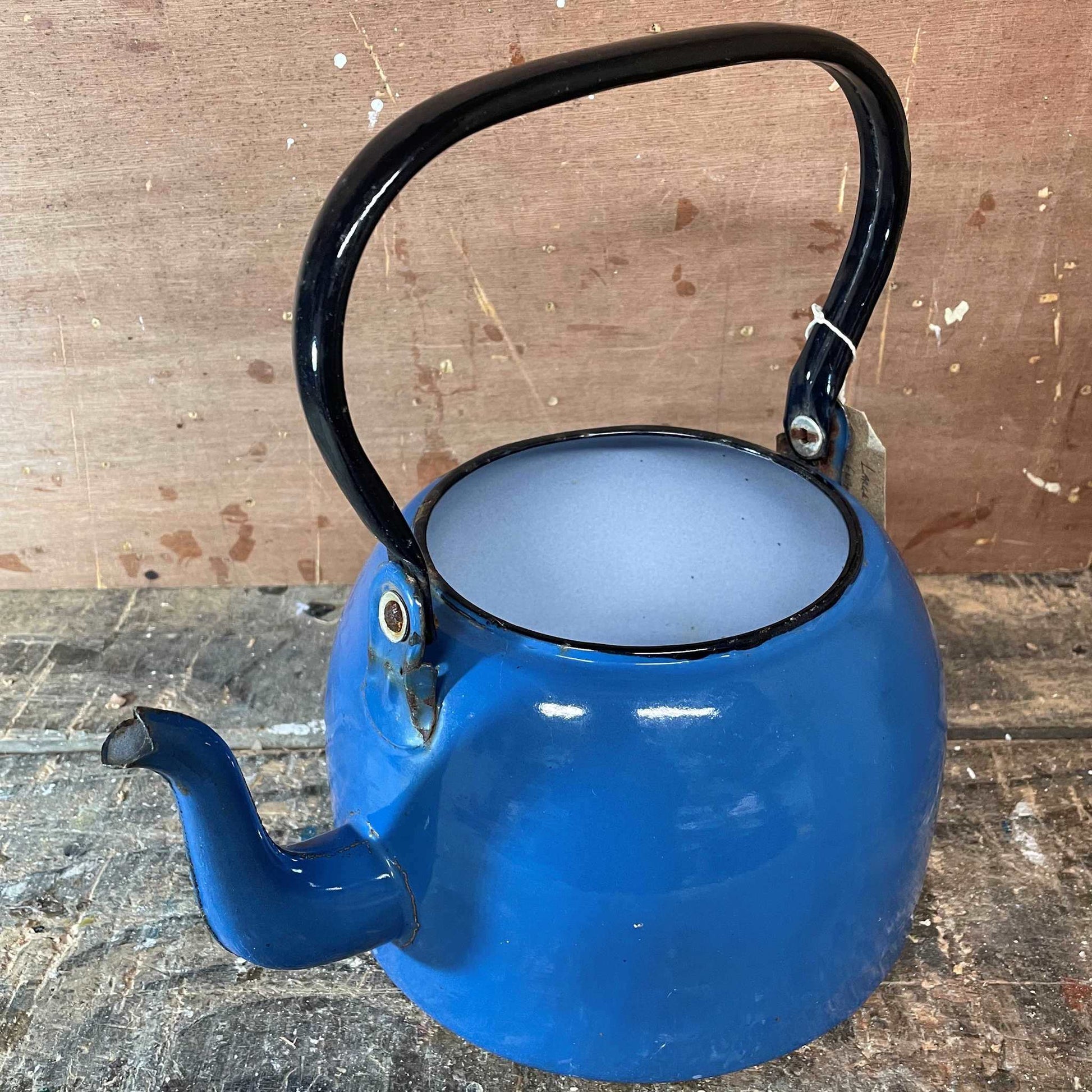 Large vintage blue enamel kettle.