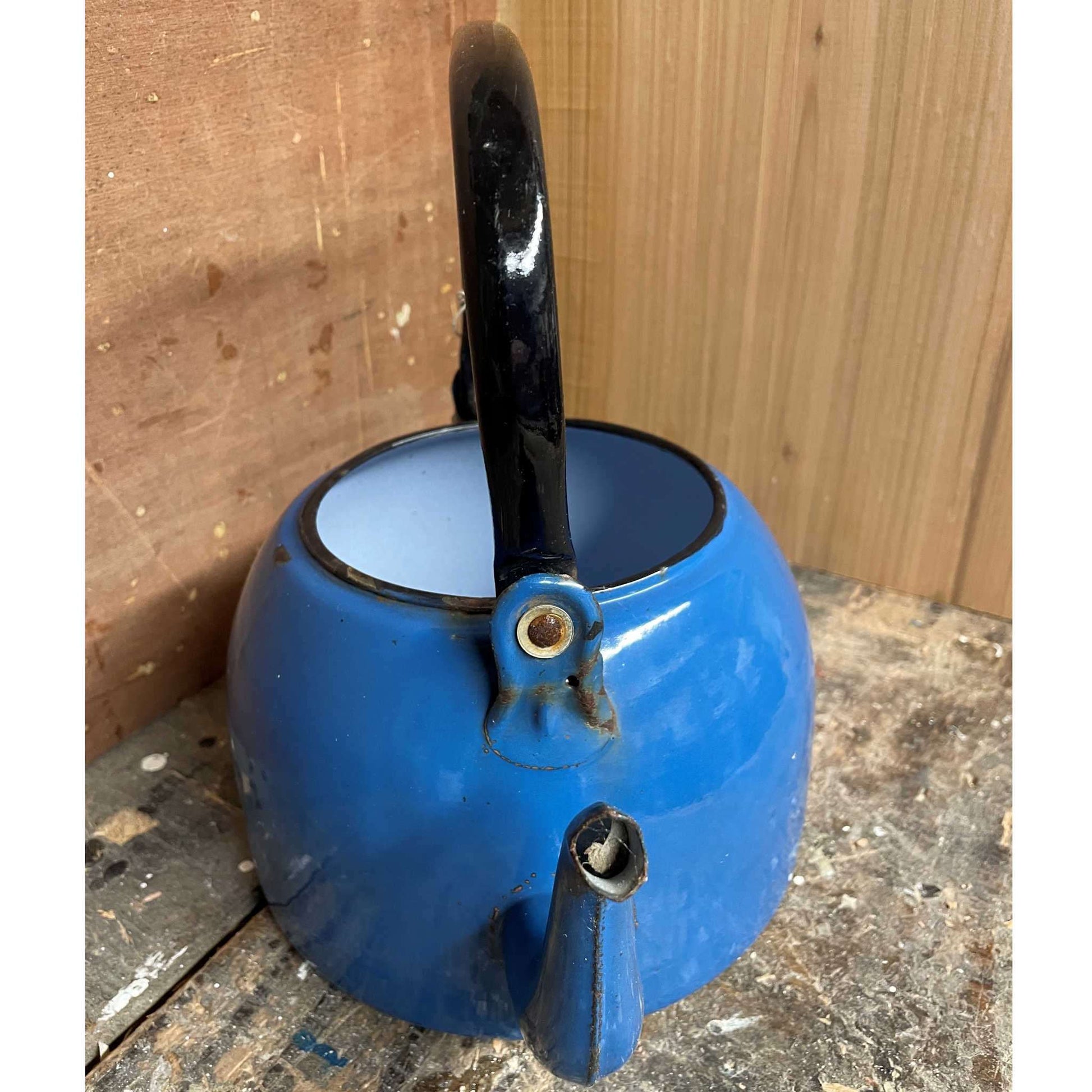 Large vintage blue enamel kettle.