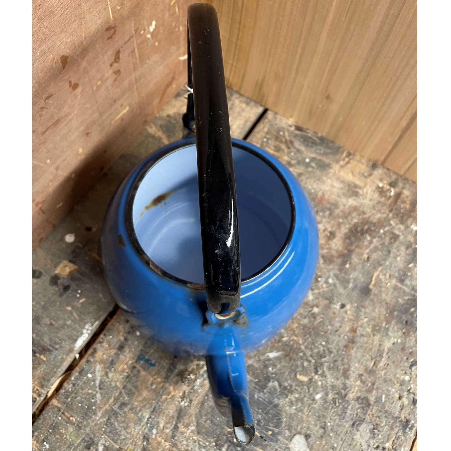 Large vintage blue enamel kettle.
