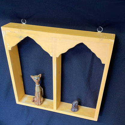 Wooden Indian temple style double sided shelf, orange.