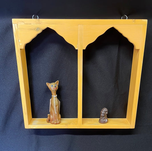 Wooden Indian temple style double sided shelf, orange.